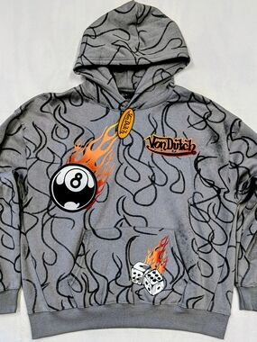 Von Dutch Gray Hoodie with Orange Flame Graphics